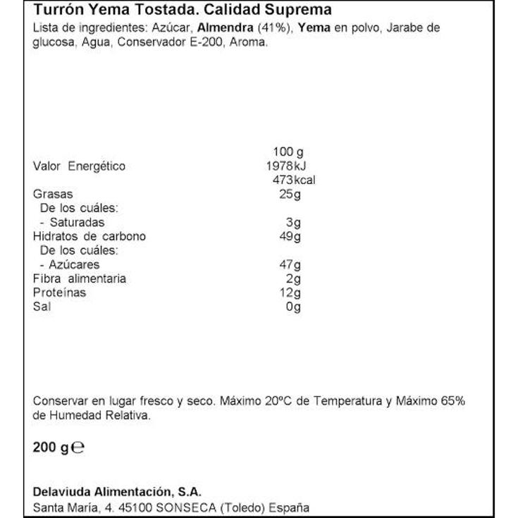 TURRON YEMA TOSTADA DELAVIUDA PTLLA 200 GR
