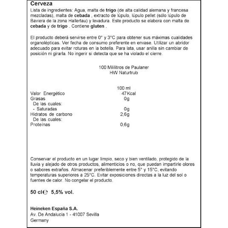 CERVEZA TRIGO 5,5º PAULANER BTLLA 50 CL