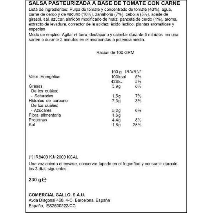 SALSA BOLOÑESA GALLO FRASCO 230 GR