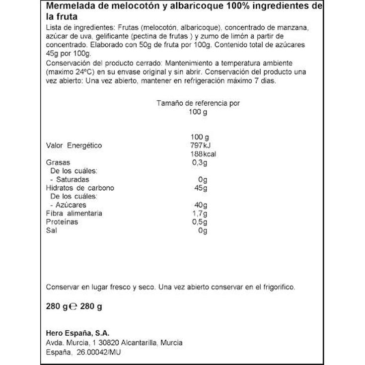 MERMELADA 100% FRUTA MELOC.ALB. HERO FRASCO 280 GR