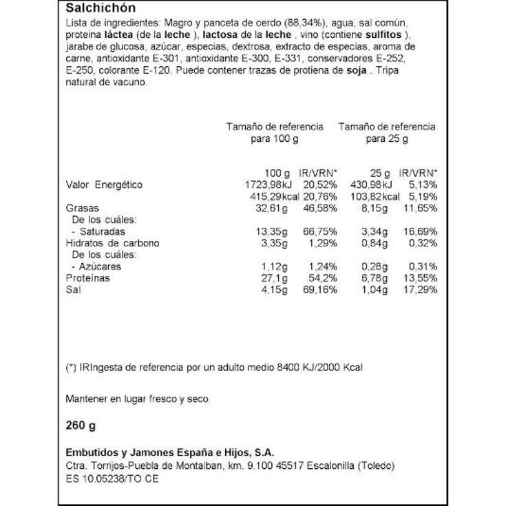 SALCHICHON DE TOLEDO ESPAÑA PIEZA 260 GR