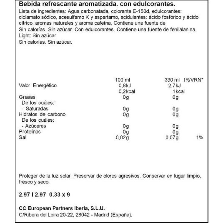 COCA COLA LIGHT 9X33 CL. COCA COLA PACK 297 ML