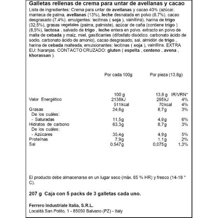 GALLETA RELL.CHOCOLATE T.3X5 NUTELLA PQTE 207 GR