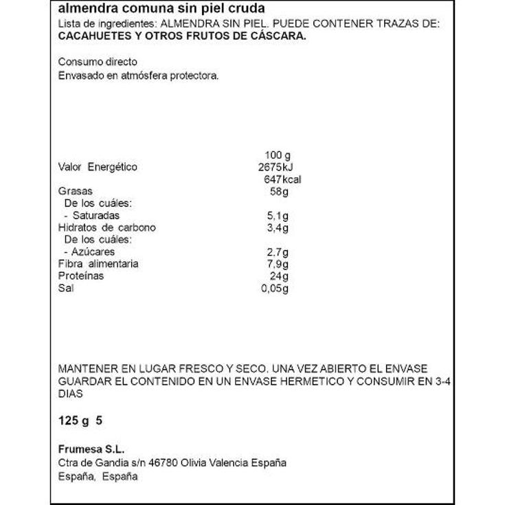 ALMENDRA CRUDA REPELADA SPAR BOLSA 125 GR