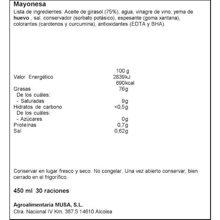 MAYONESA LIGERA (SIN AZUCARES) MUSA FRASCO 450 GR