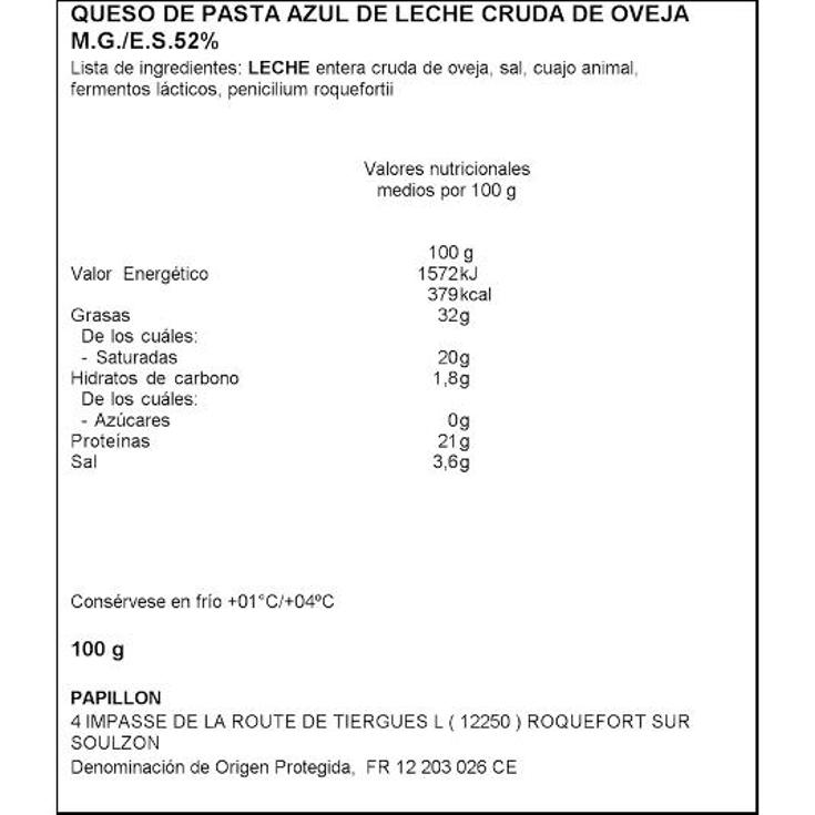 QUESO ROQUEFORT CUÑA PAPILLON UNIDAD 100 GR