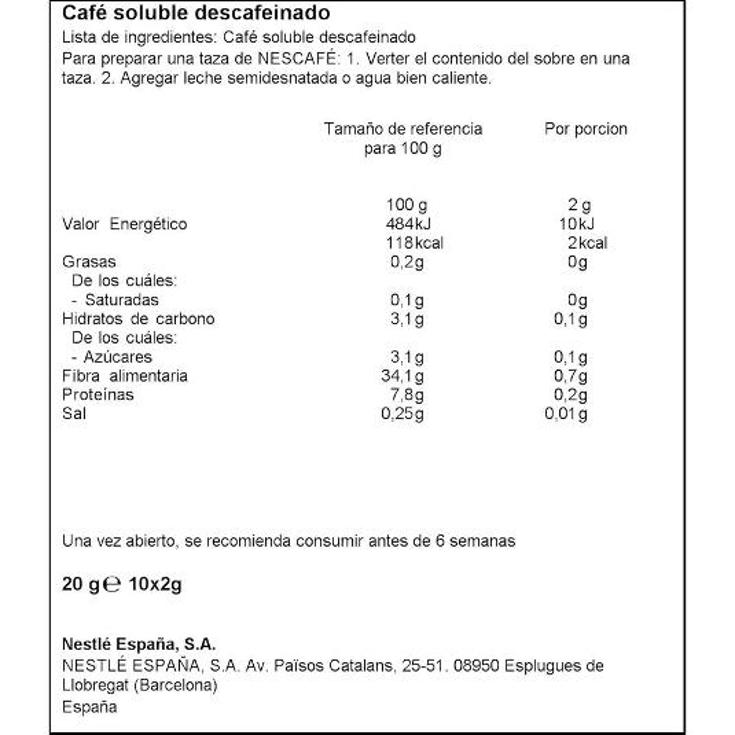 CAFE SOLUBLE DESCAFEINADO 10U. NESCAFE PQTE 20 GR