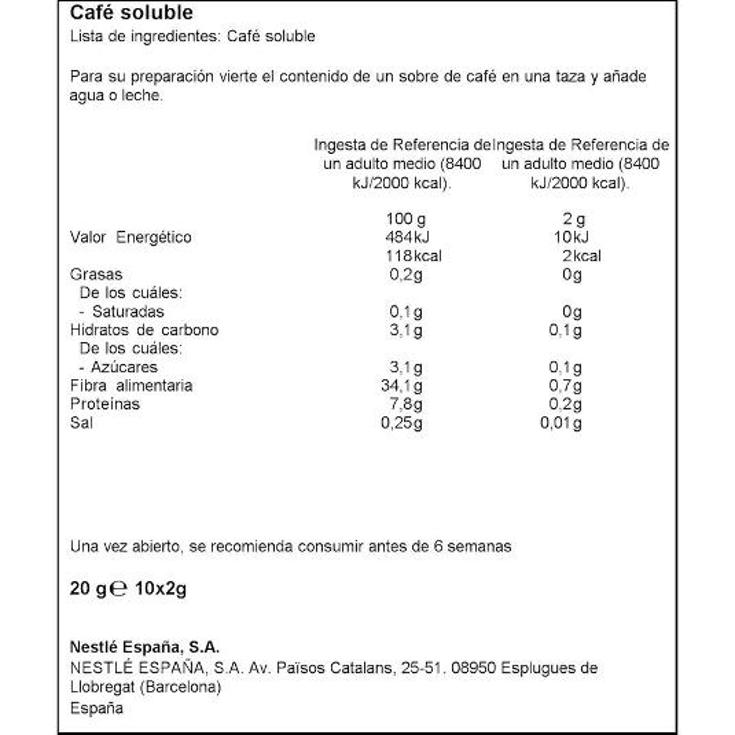 CAFE SOLUBLE NORMAL 10U. NESCAFE PQTE 20 GR