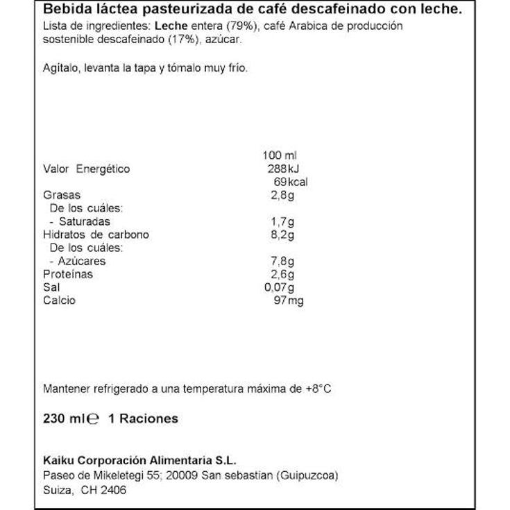 CAFFE LATTE DESCAFEINADO KAIKU UNIDAD 230 ML