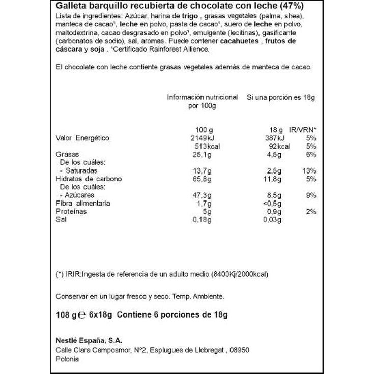 CHOC.LECHE EXTRAF.BARRITAS 6X18 NESTLE PTLLA 108 GR
