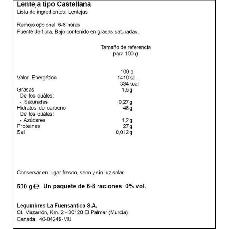 LENTEJAS CASTELLA GIGANT. EXTRA FUENSANTICA PQTE 500 GR