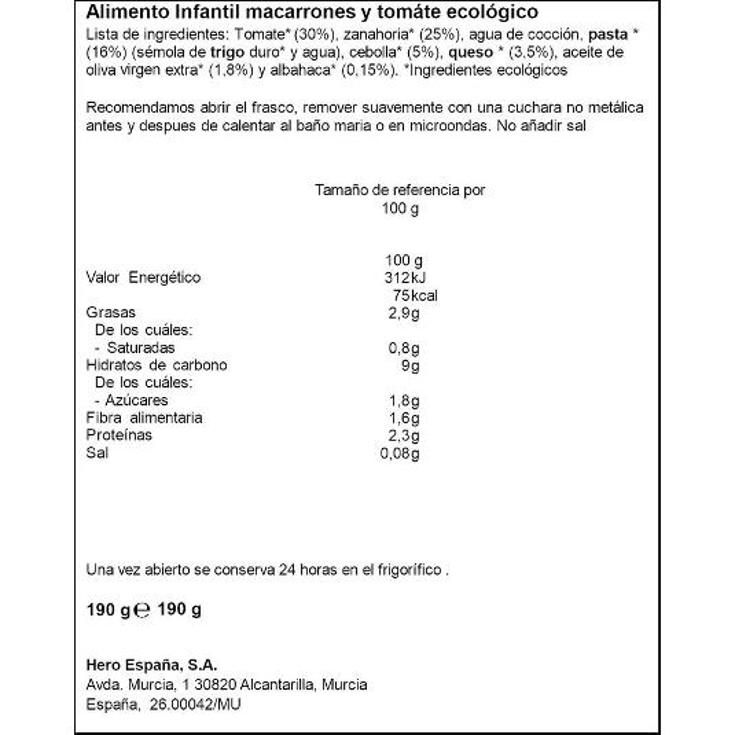 TARRITO ECO MACARRONES TOMATE HERO FRASCO 190 GR