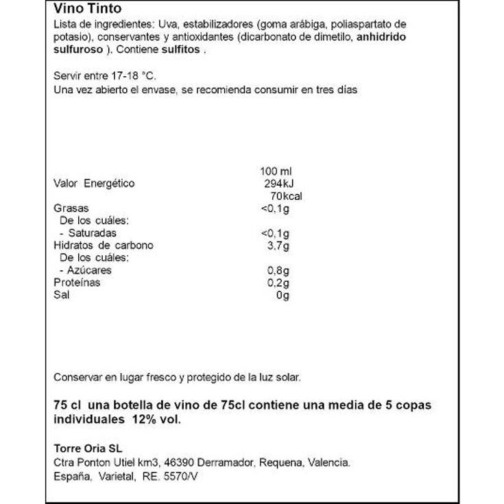 VINO TINTO TEMPRANI.CABERNET 12 MR.TEM BTLLA 75 CL