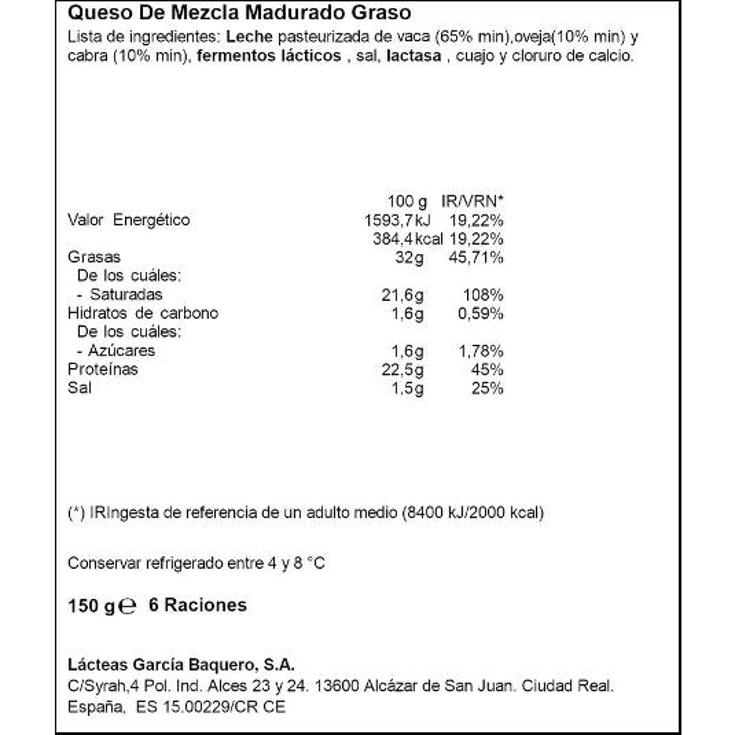 QUESO LONCHAS SIN LACTOSA G.BAQUERO SOBRE 150 GR