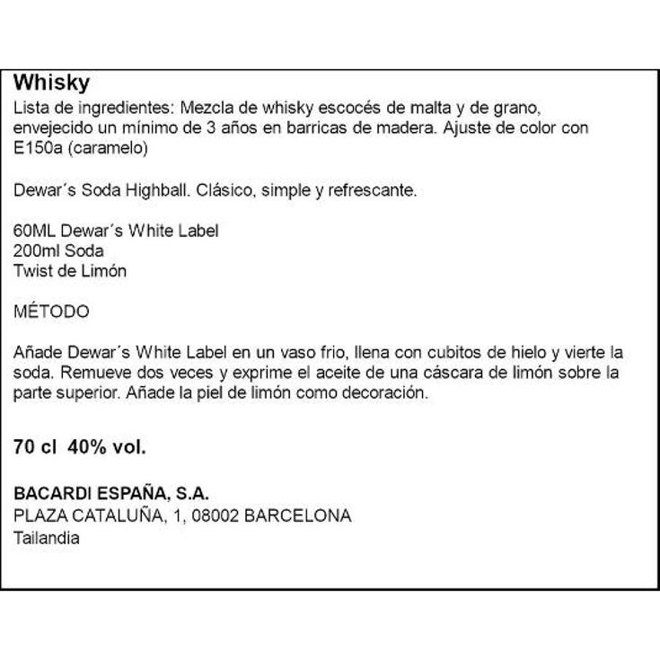WHISKY 40º WHITE LABEL BTLLA 70 CL