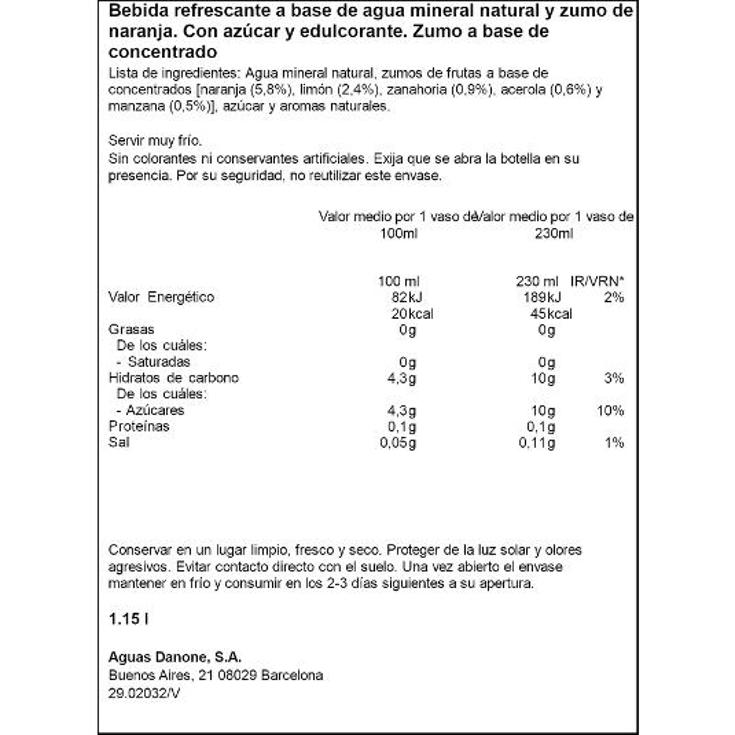 AGUA MINERAL CON ZUMO NARANJA FONT VELLA BTLLA 1150 ML