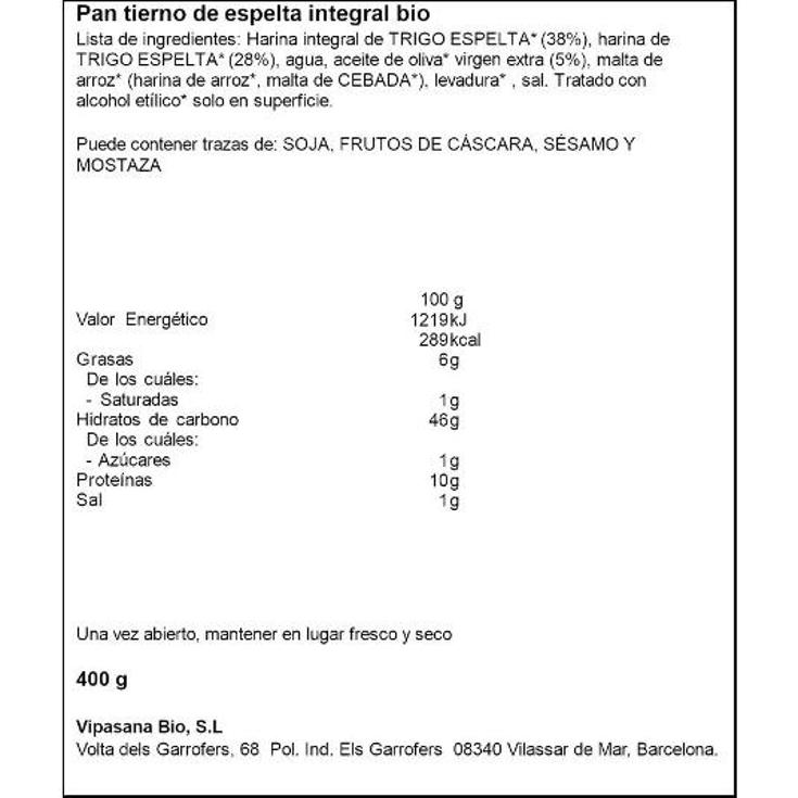 PAN TIERNO ESPELTA INTEGRAL BIO SOL NATURAL BOLSA 400 GR