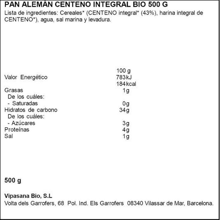 PAN ALEMÁN CENTENO INTEGRAL BIO SOL NATURAL BOLSA 500 GR