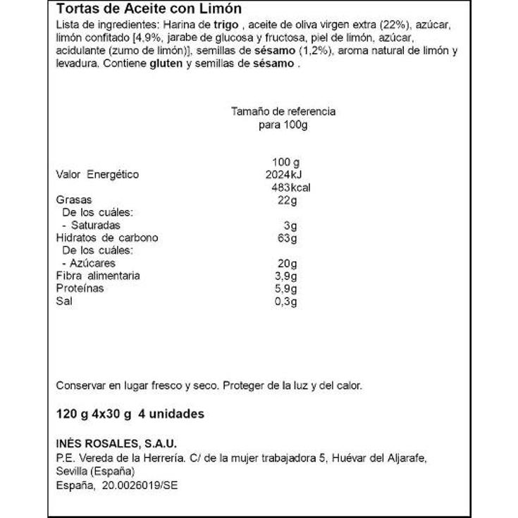 TORTA ACEITE CON LIMON INES ROSALES PQTE 120 GR