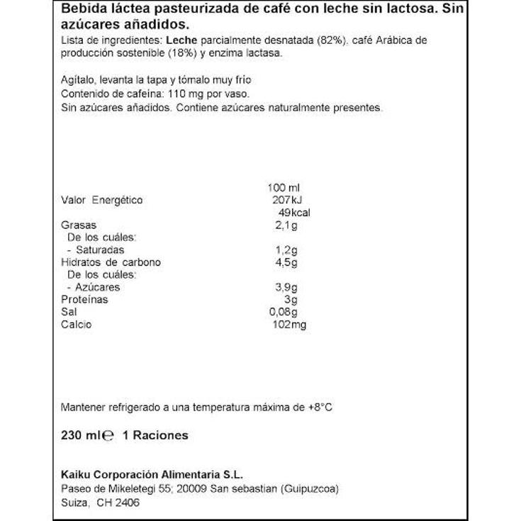 CAFFE LATTE SIN AZUCAR AÑADIDO KAIKU UNIDAD 230 ML