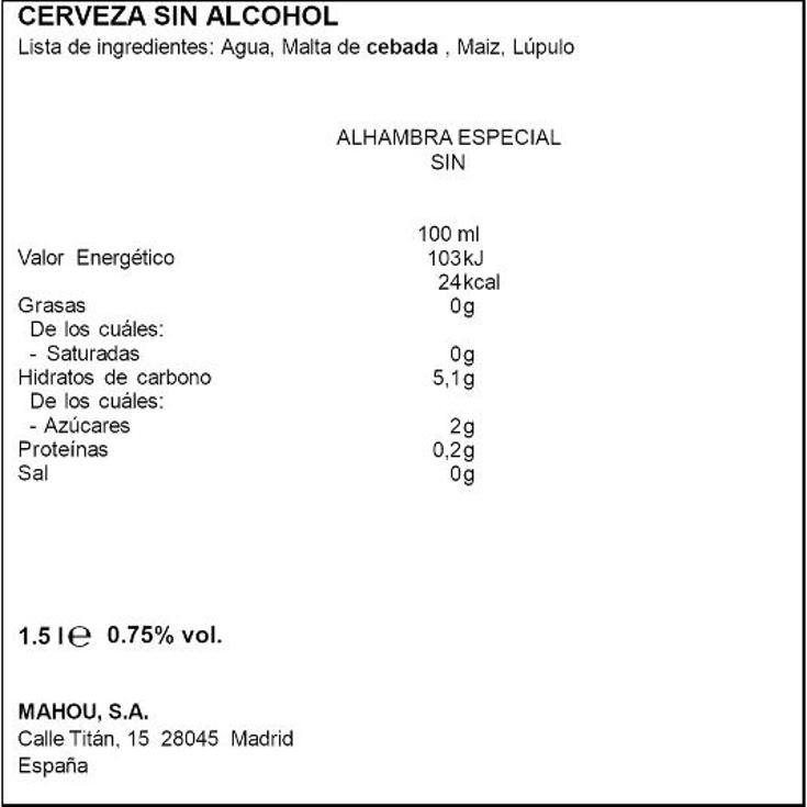 CERVEZA ESP.S/ALCOHOL 6X25 0,7º ALHAMBRA PACK 150 CL