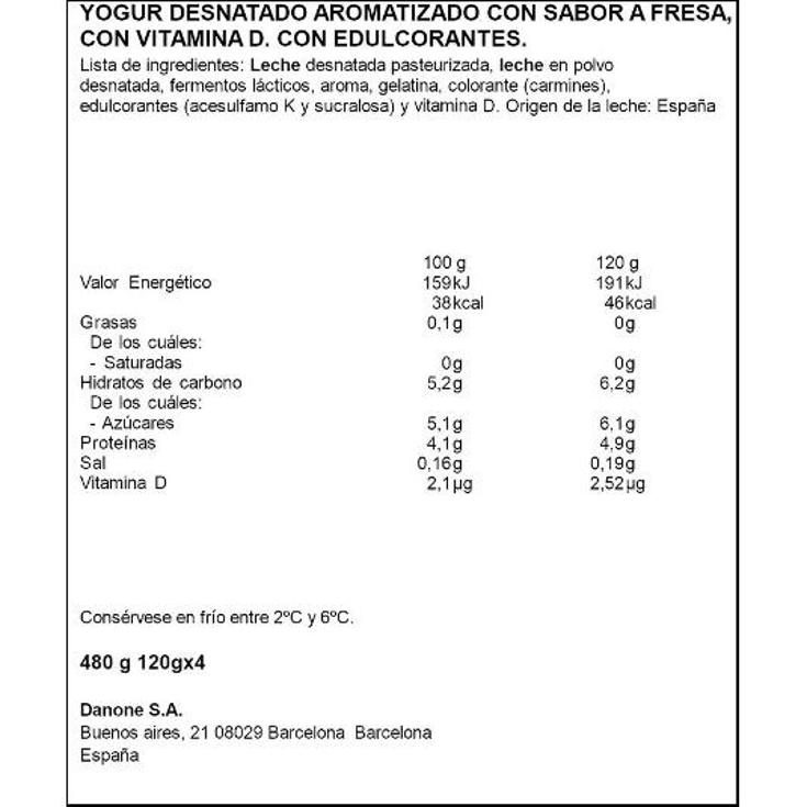 YOGUR DESNATADO FRESA ZERO DANONE PACK 480 GR