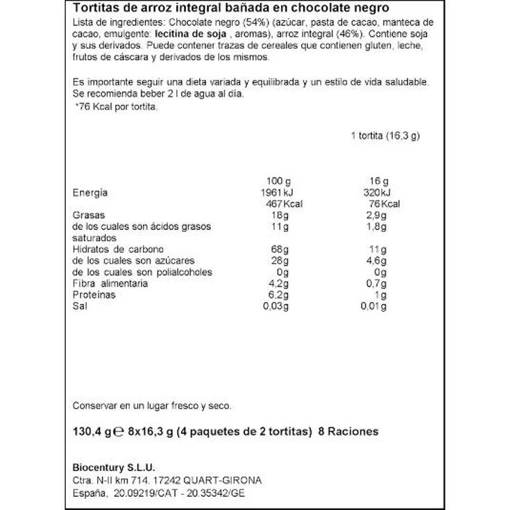 TORTITAS ARROZ INTEGRAL C/CHOCO NACKIS PQTE 130 GR