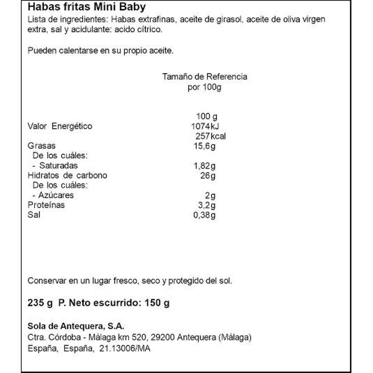 HABA FRITA BABY ALSUR FRASCO 150 GR