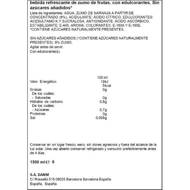 REFRESCO NARANJA S/GAS S/AZUCAR SPAR BTLLA 1500 ML