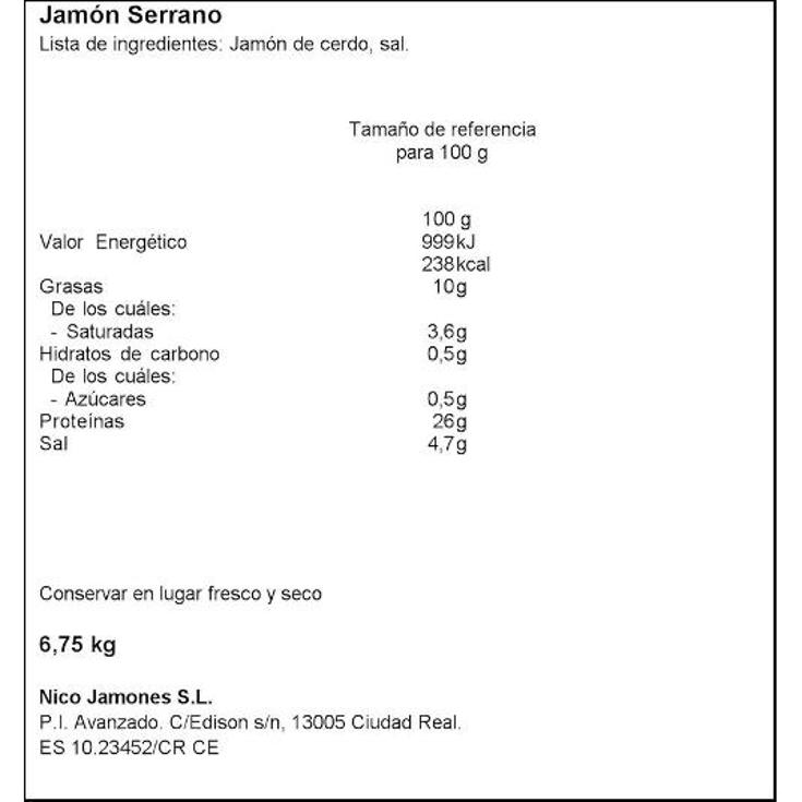 JAMON SERRANO RESERVA 7-7,50 NICO UNIDAD
