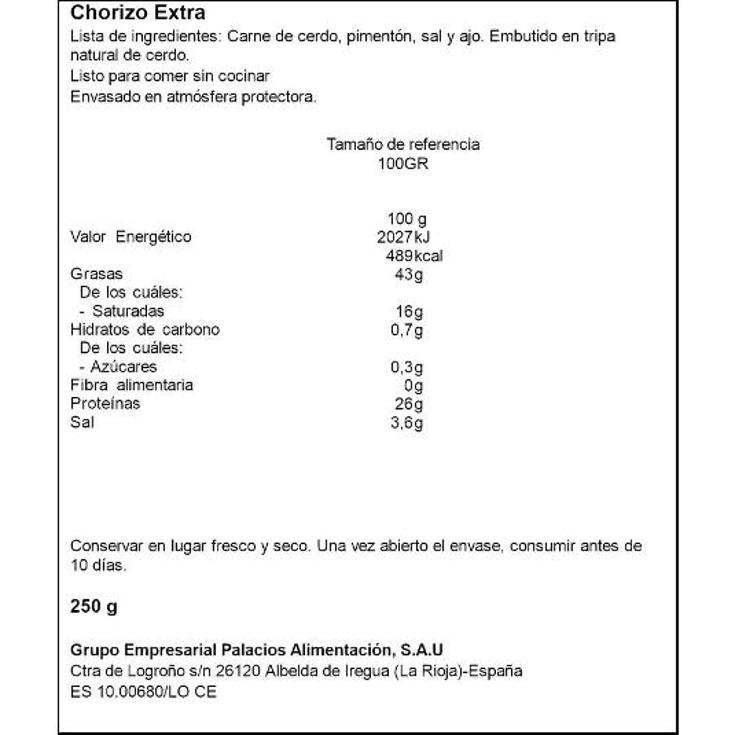 CHORIZO EXTRA DULCE PALACIOS PIEZA 250 GR