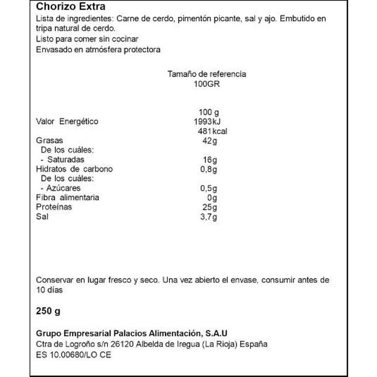 CHORIZO PICANTE PALACIOS PIEZA 250 GR