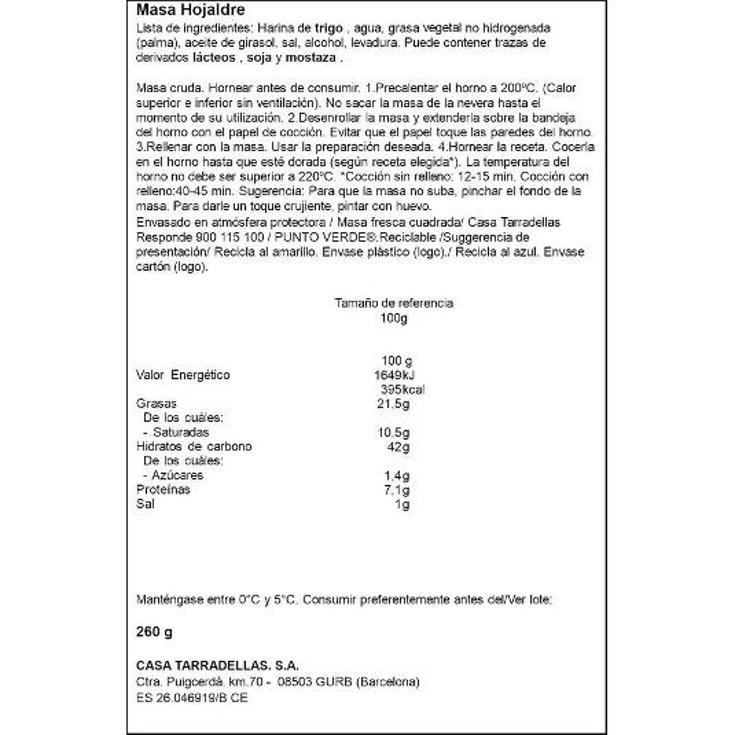 MASA HOJALDRE FRESCA TARRADELLAS UNIDAD 260 GR
