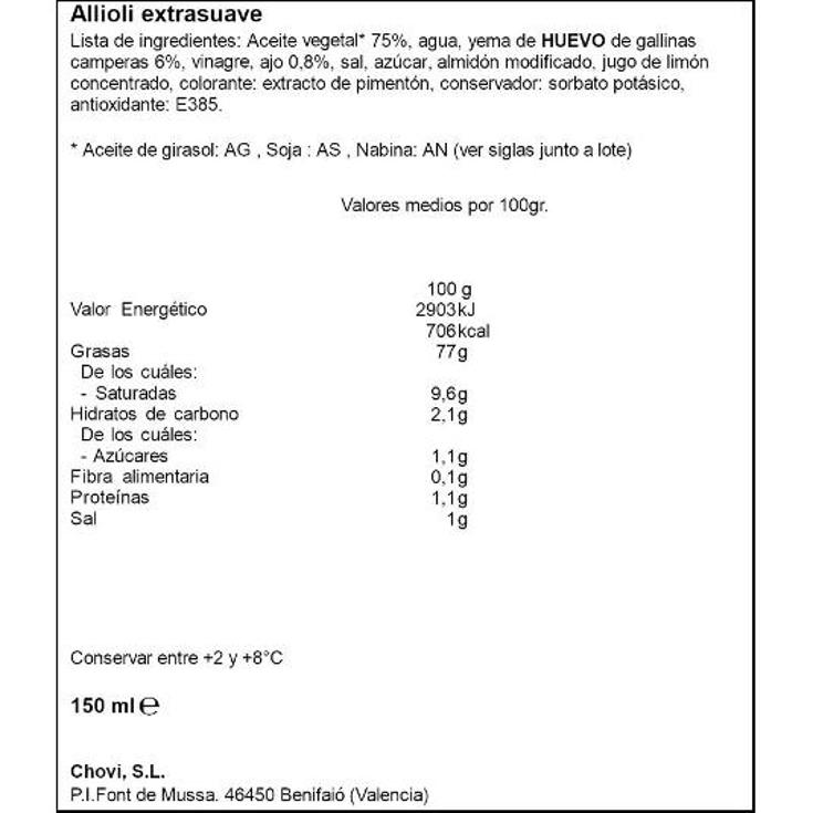 SALSA ALLIOLI EXTRA SUAVE CHOVI UNIDAD 150 ML