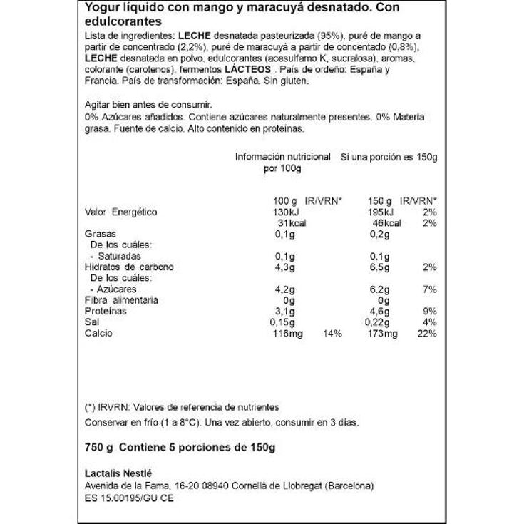 YOGUR LIQUIDO 0% MANGO MARACUYA SVELTESSE BTLLA 750 GR