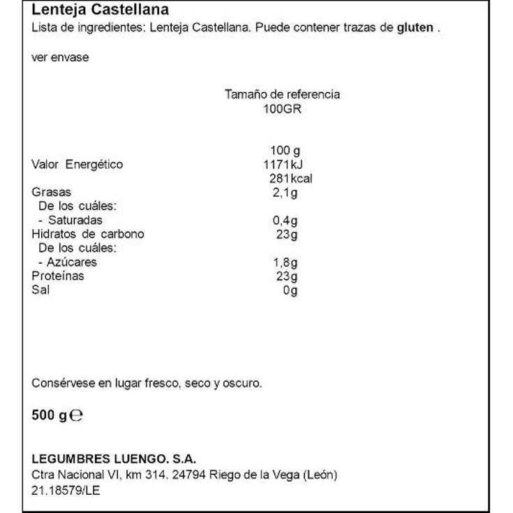 LENTEJAS CASTELLANA SELECTA LUENGO PQTE 500 GR