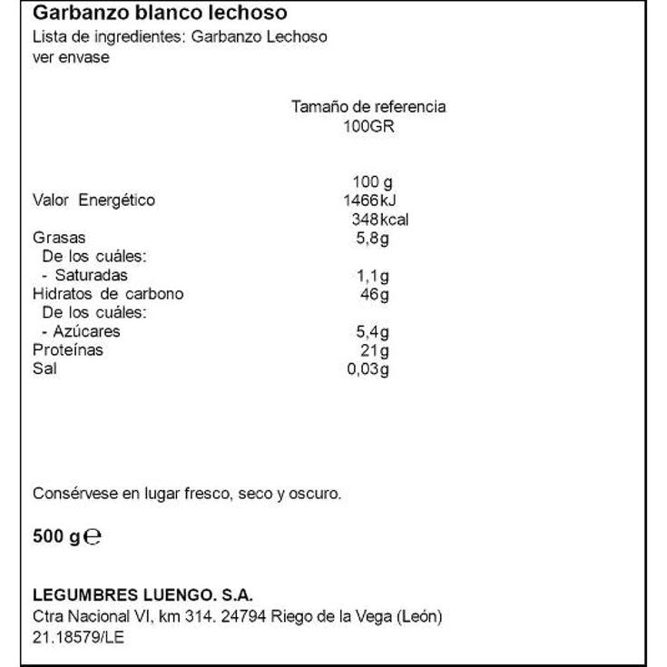 GARBANZO BLANCO LECHOSO LUENGO PQTE 500 GR