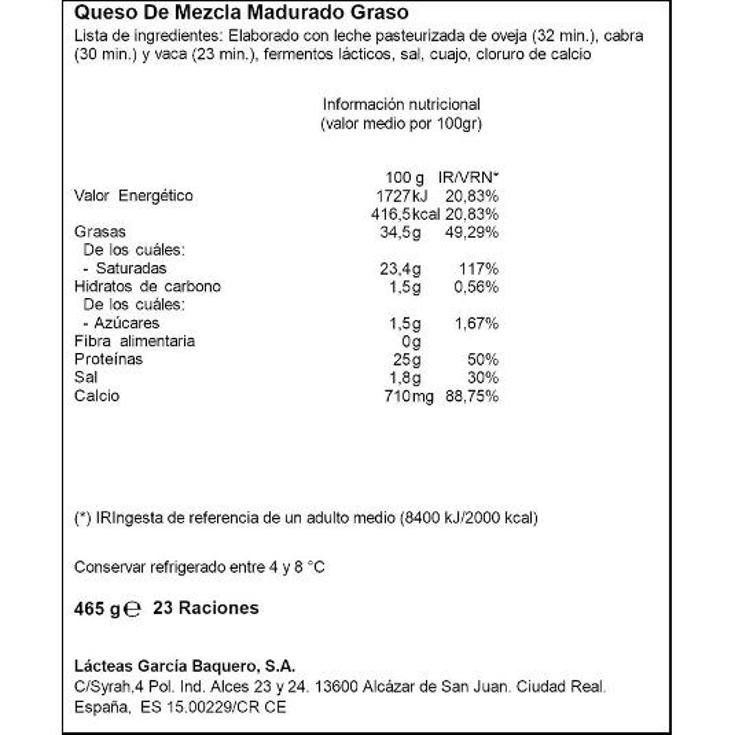 QUESO SEMICURADO CENTRO G.BAQUERO PIEZA 465 GR