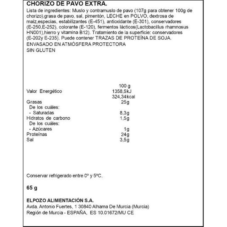 CHORIZO DE PAVO ELPOZO PQTE 65 GR