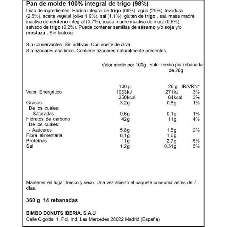 PAN MOLDE NATURAL 100% INTEGRAL BIMBO PQTE 360 GR