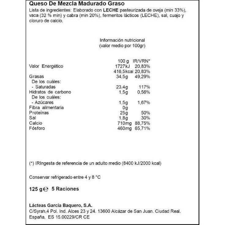 QUESO LONCHAS MEZCLA CURADO G.BAQUERO PQTE 125 GR