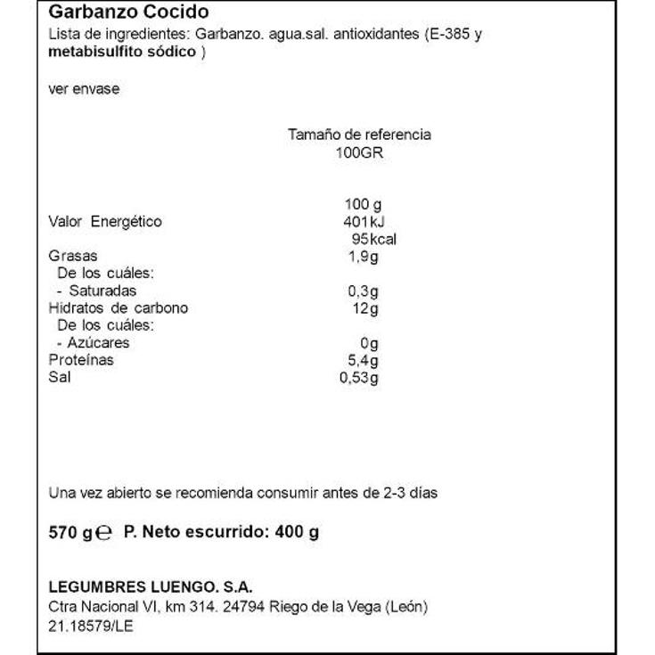 GARBANZO COCIDO LUENGO FRASCO 400 GR