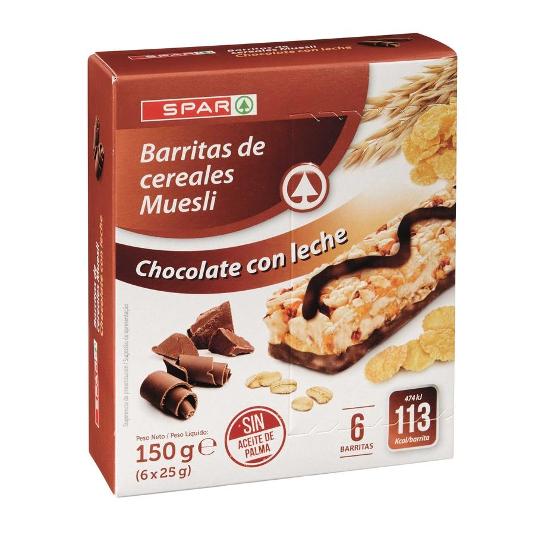 BARRITA CEREALES CHOCO 6X25 SPAR PQTE 150 GR