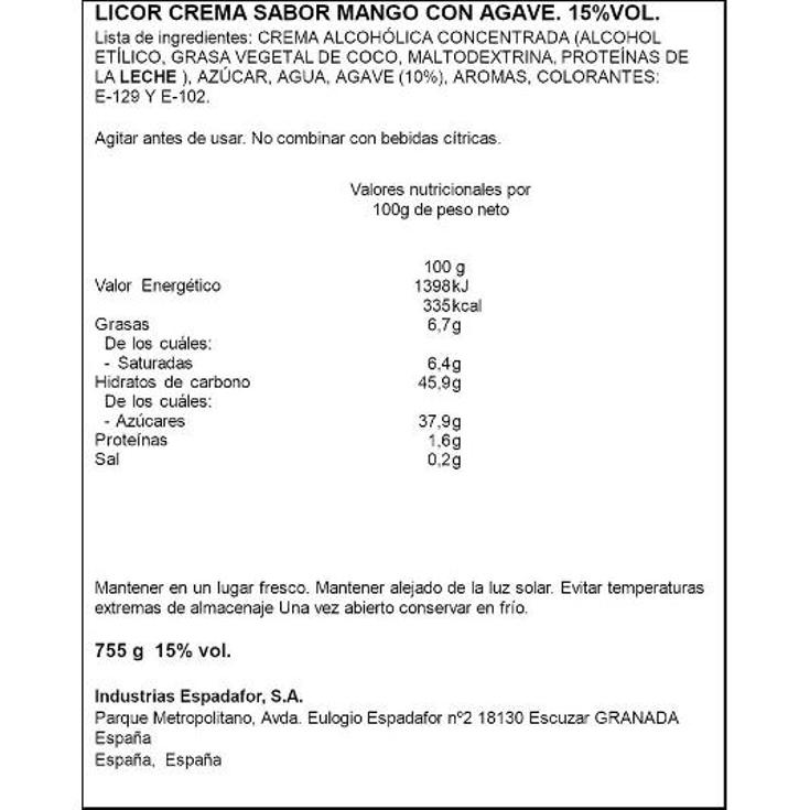 LICOR CREMA MANGO C/AGAVE GREENERS BTLLA 70 CL