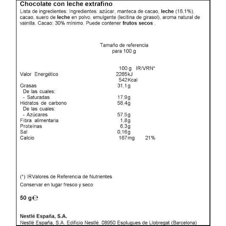 CHOCOLATE LECHE EXTRAFINO 50G. NESTLE UNIDAD 50 GR