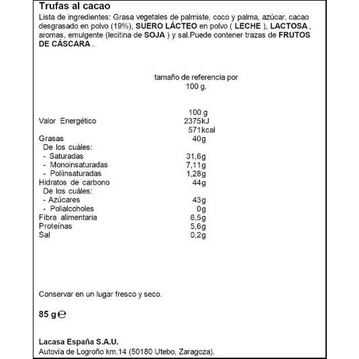 TRUFAS AL CACAO PURO LACASA ESTCHE 85 GR