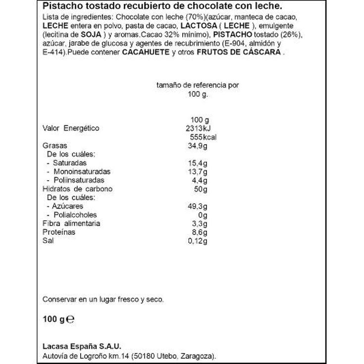 GRAJEAS CHOCOL.LECHE C/PISTACHO LACASA ESTCHE 100 GR
