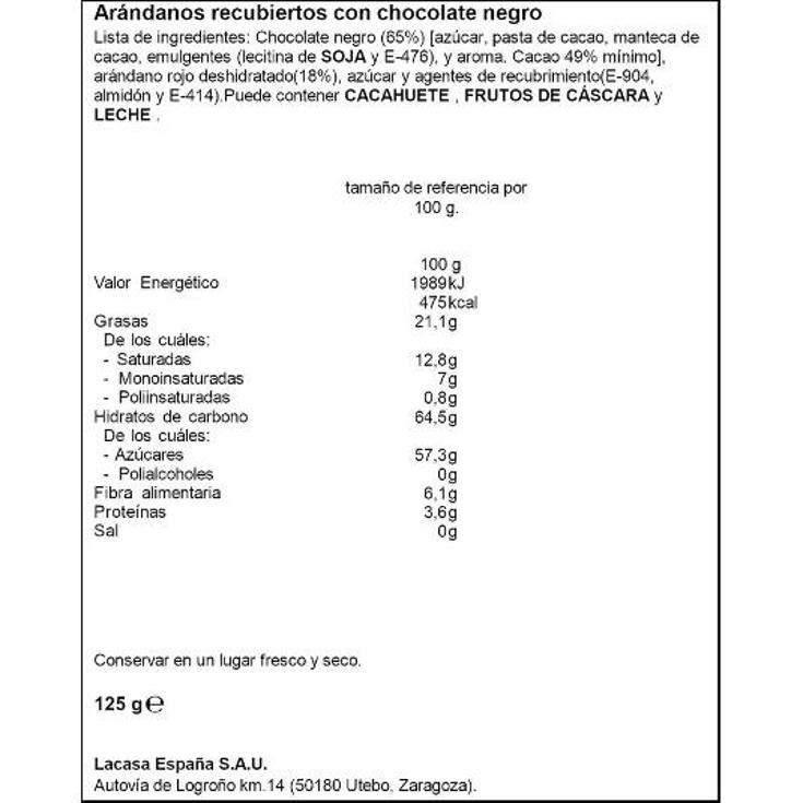 GRAJEAS CHOCOL. NEGRO ARANDANOS LACASA ESTCHE 125 GR