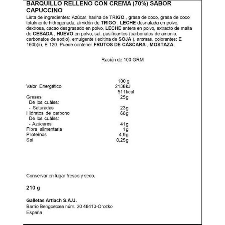 GALLETAS ARTINATA CAPPUCCINO ARTIACH PQTE 210 GR