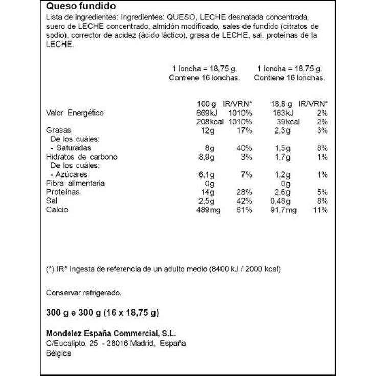 QUESO FUNDIDO LONCHAS 14 UDS CASERIO PQTE 262 GR